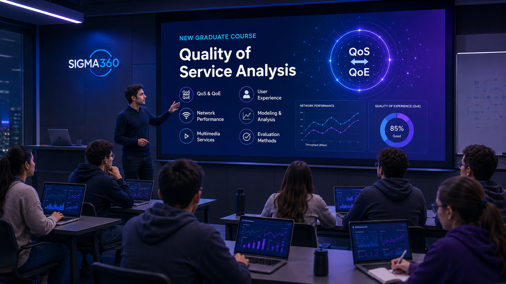 AI-generated illustrative image of students attending a Quality of Service Analysis lecture in a modern classroom; the image is conceptual and does not represent an actual teaching situation.