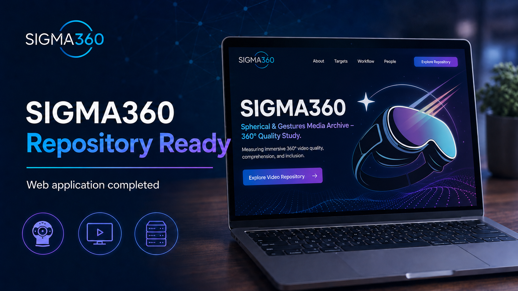 SIGMA360 repository ready visual showing the project website displayed on a laptop, with a short announcement that the web application has been completed.