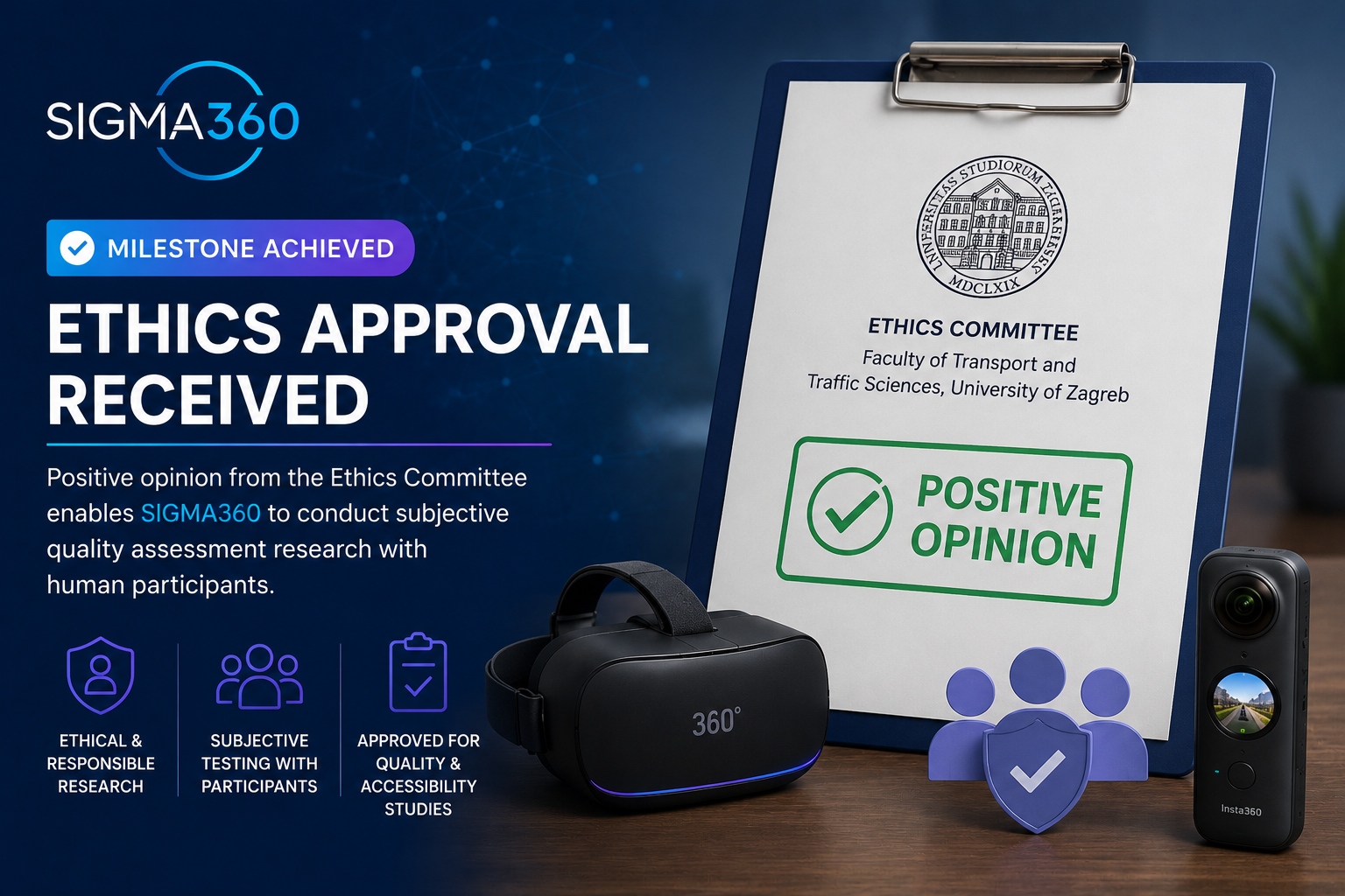 SIGMA360 announcement image showing ethics approval for subjective quality assessment research, with a certificate, VR headset, 360° camera, and symbols of responsible research with human participants